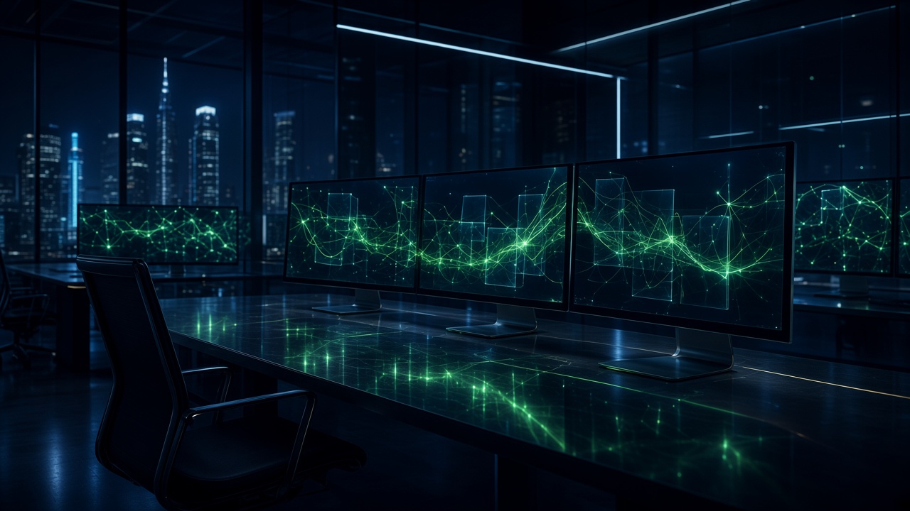 Night office with abstract glowing charts