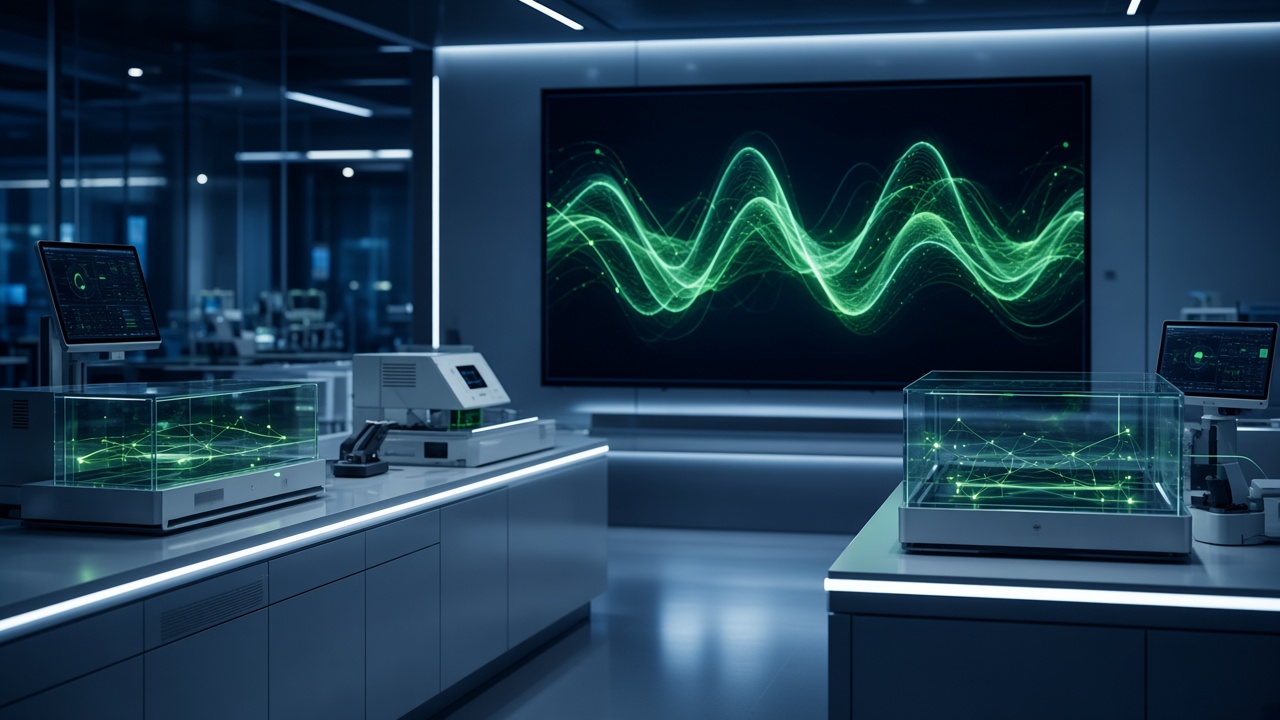 Quiet diagnostics lab with an abstract waveform