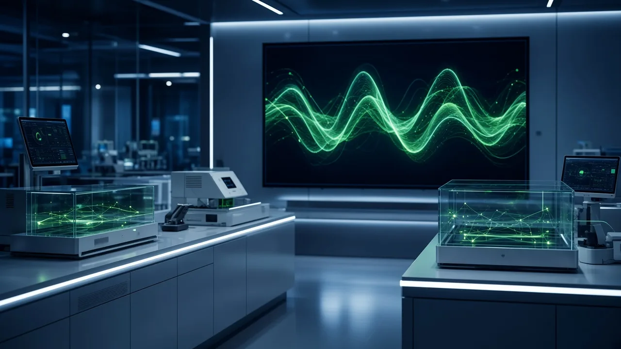 Quiet diagnostics lab with an abstract waveform