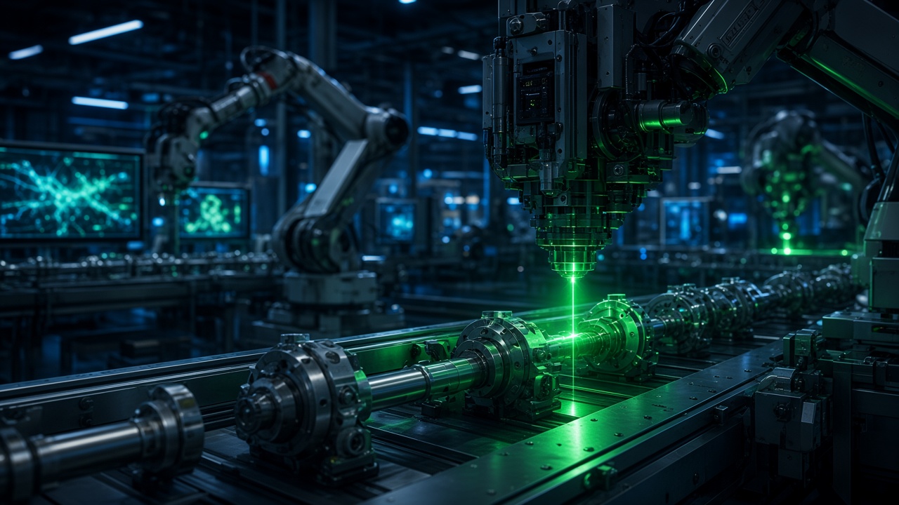 Factory line inspected under a green beam