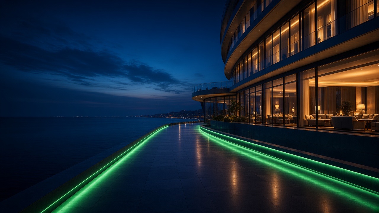 Seaside hotel at dusk, rooms lit along the facade