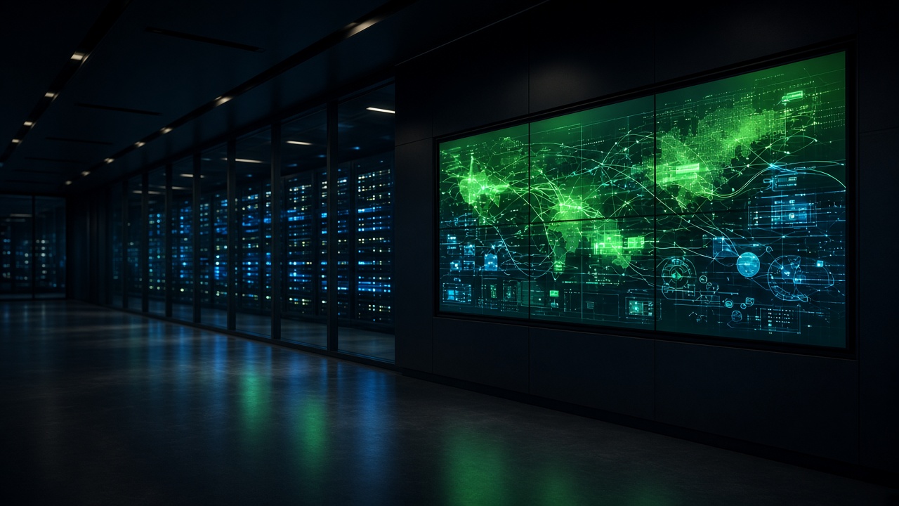 Dark data operations room washed in emerald light
