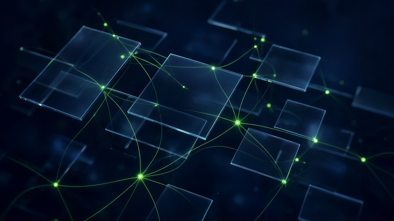 Glass layers connected by green light, a map of business meaning