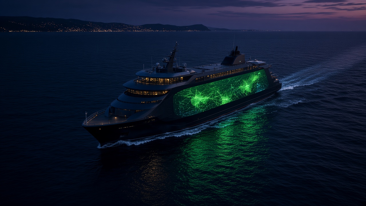Ferry crossing open water at dusk