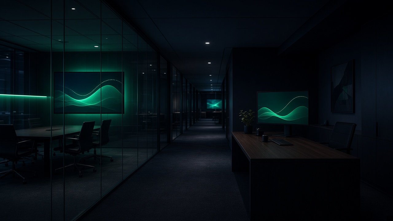 Night advisory floor with abstract green charts on glass