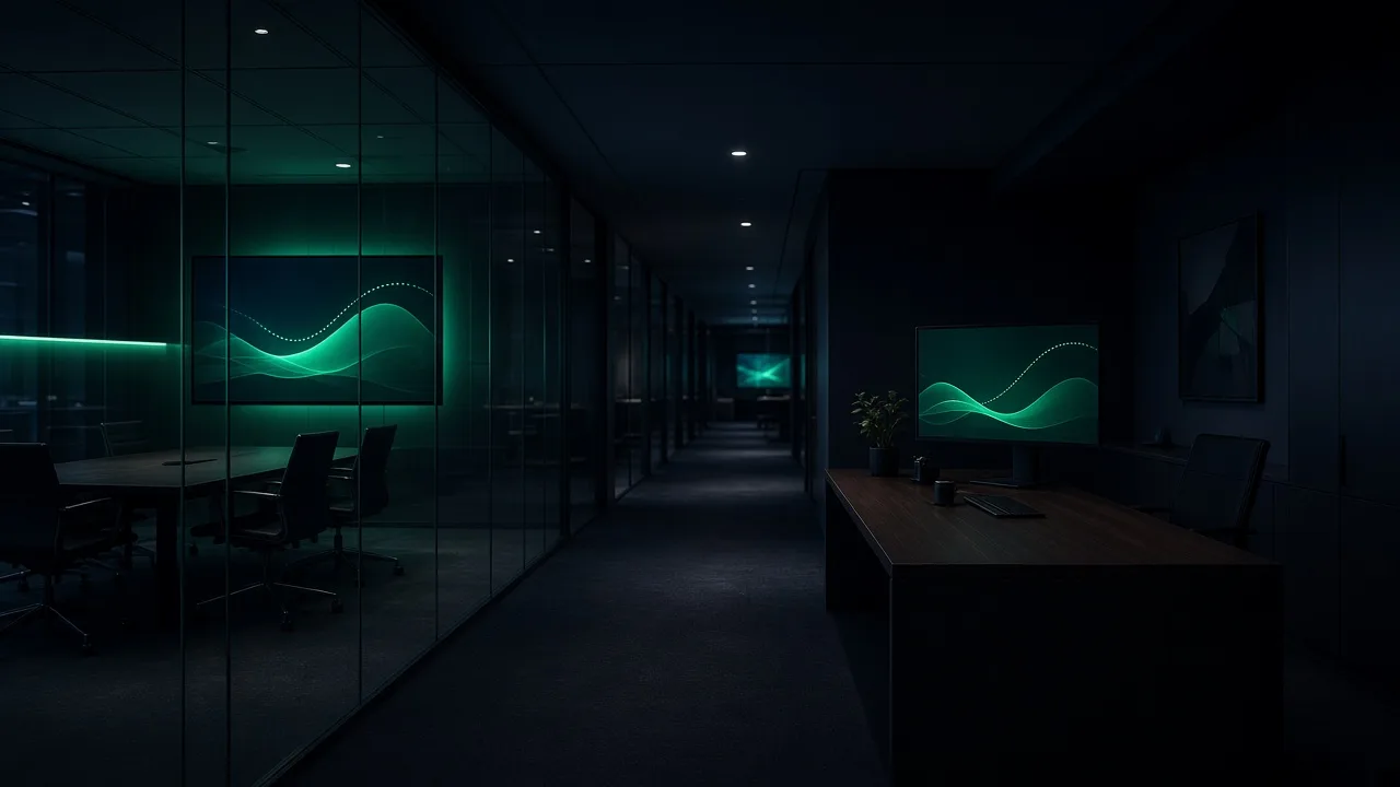 Night advisory floor with abstract green charts on glass