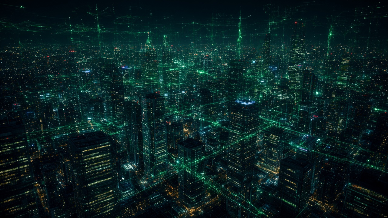 Night city skyline with an energy grid overlay