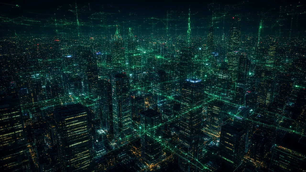 Night city skyline with an energy grid overlay