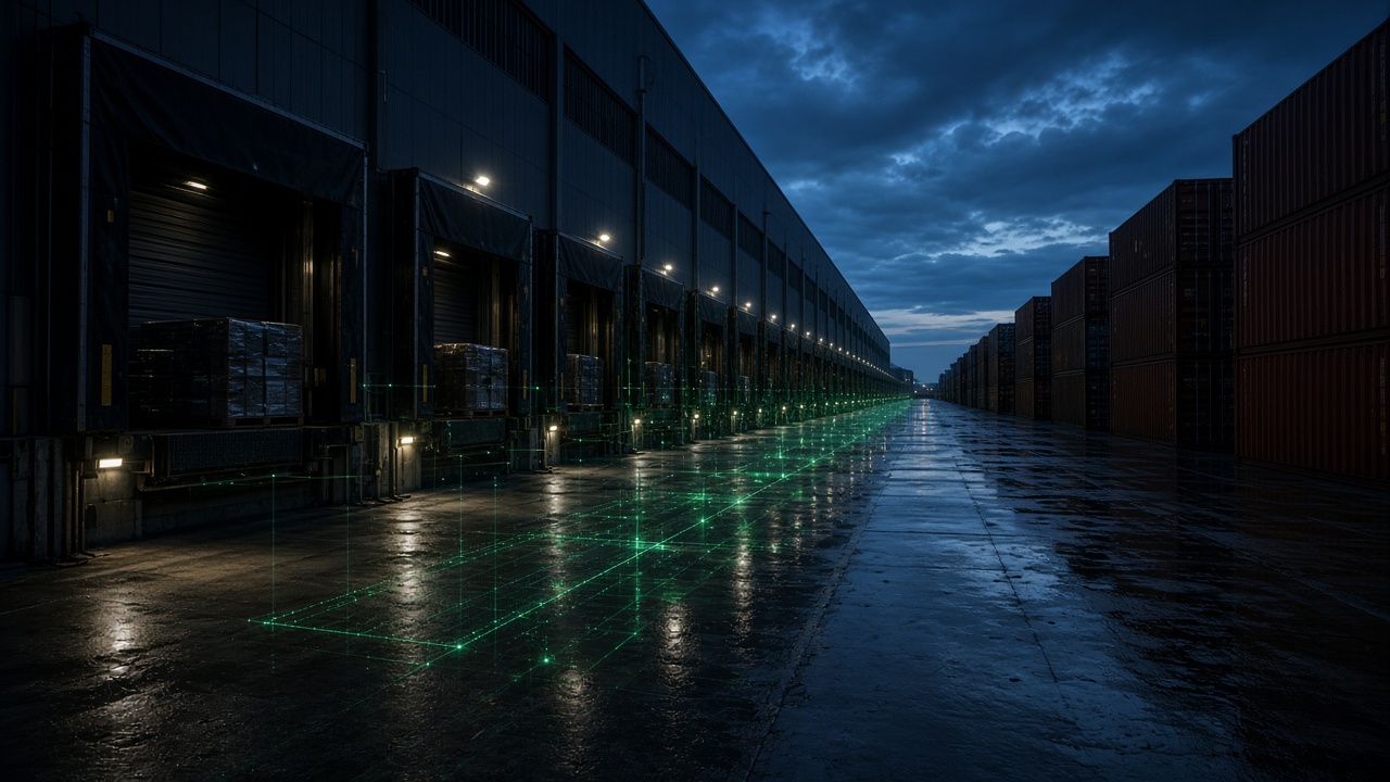 Warehouse docks at dusk with a green analytics grid
